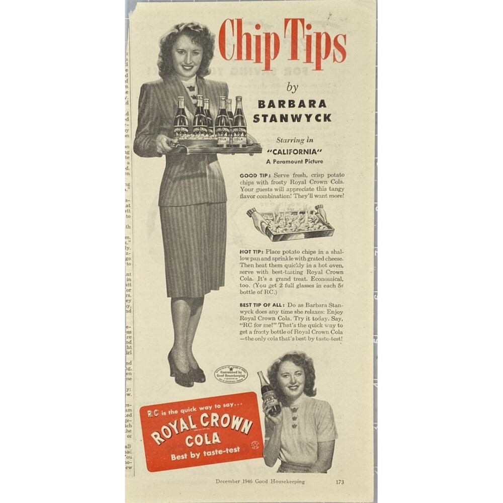 Royal Crown Cola Barbara Stanwych starring in "California" Vintage Print Ad 1946
